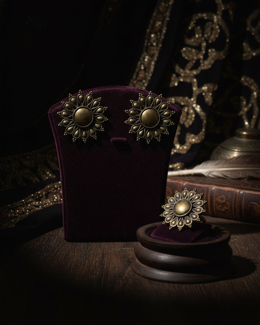 Gold Polish Aiza Oxidised Earring & Ring Set