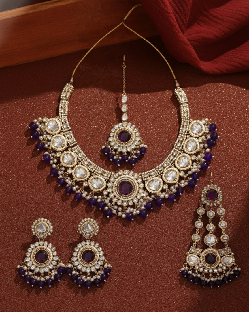 Purple Laviza Premium Polki Dupe Necklace Earring with Teeka and Side Jhumar/Passa