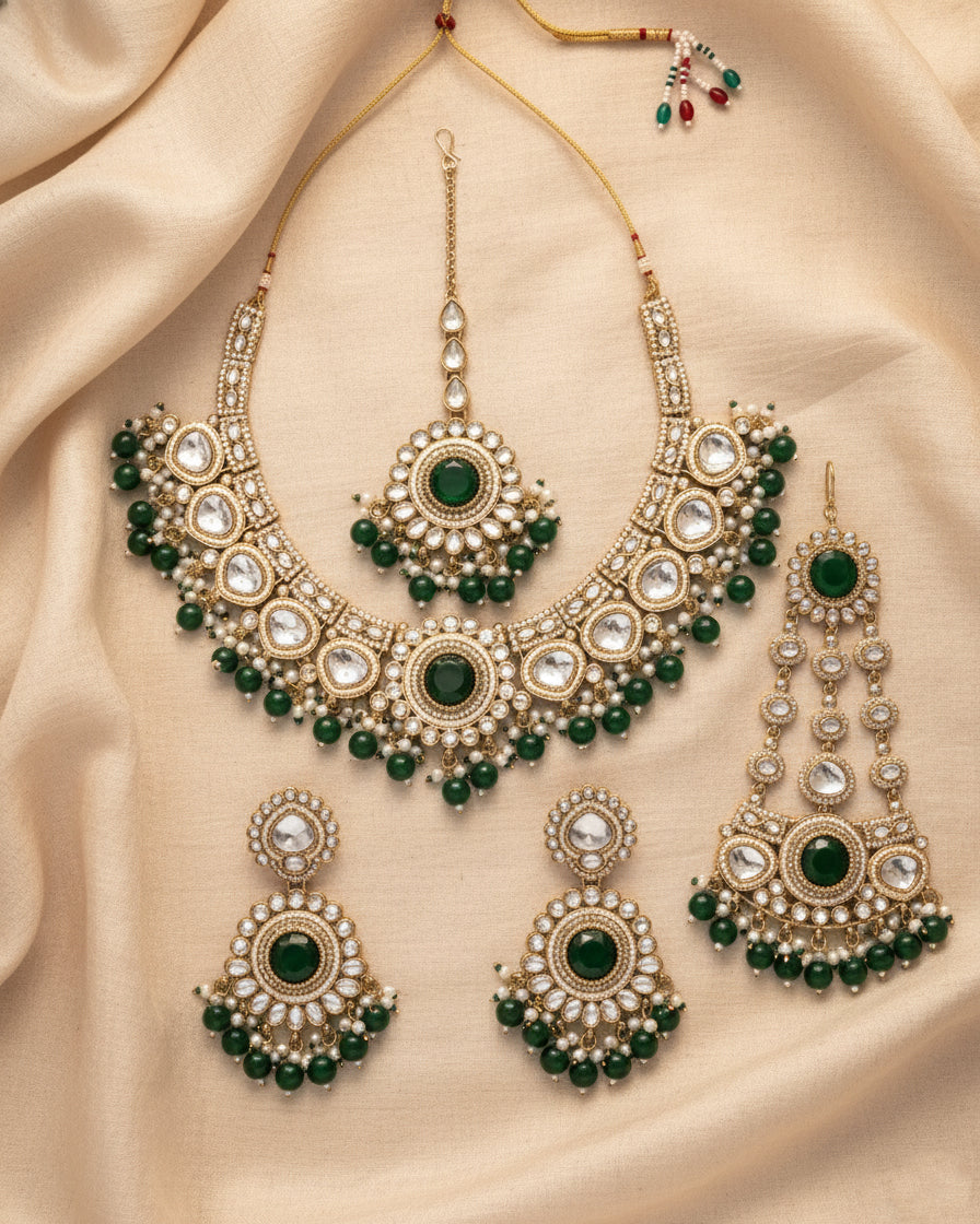 Green Laviza Premium Polki Dupe Necklace Earring with Teeka and Side Jhumar/Passa