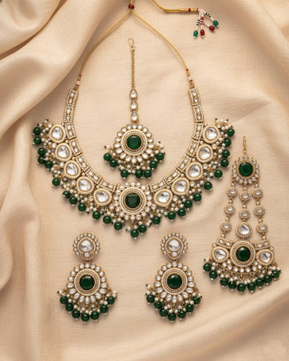 Green Laviza Premium Polki Dupe Necklace Earring with Teeka and Side Jhumar/Passa