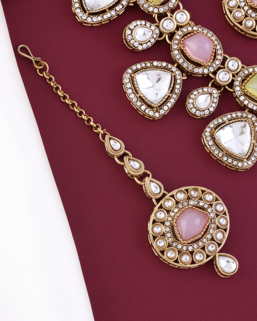 Pastel Kavita Premium Polki Dupe Necklace with Earring and Teeka