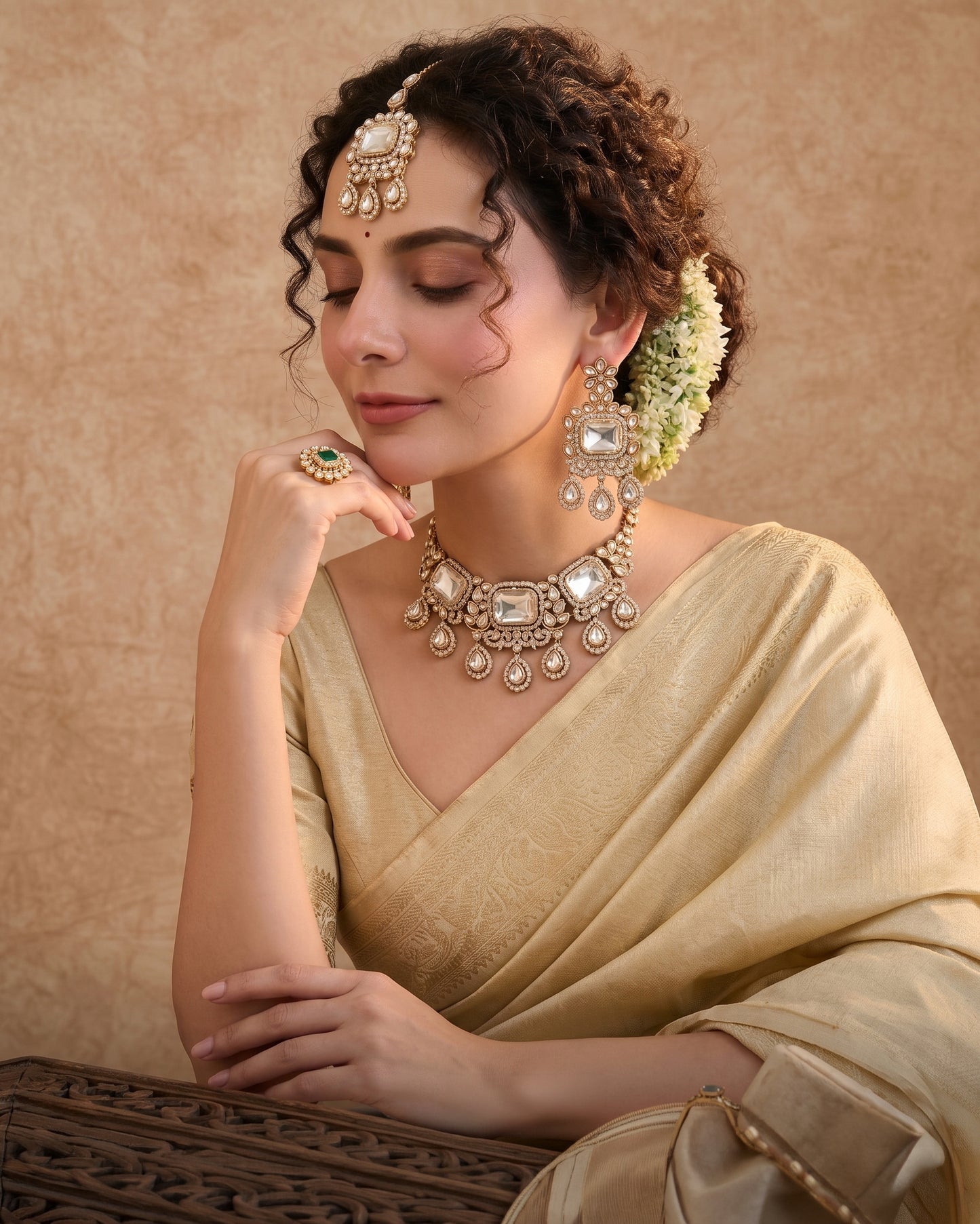 Silver Harshika Premium Zircone Polki Dupe Necklace Set