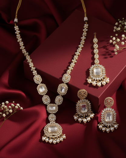 Pearl Naavir Premium Polki Dupe Long Necklace with Earring and Teeka
