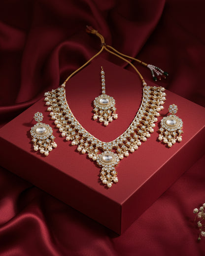 Prayshi Premium Kundan Pearl Necklace With Earring and Teeka