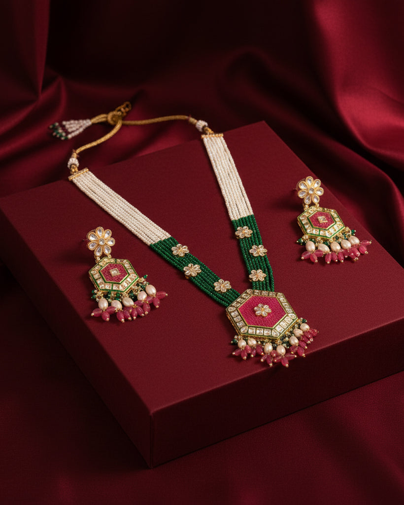 Pink Green Neelika Long Necklace Set with Earring