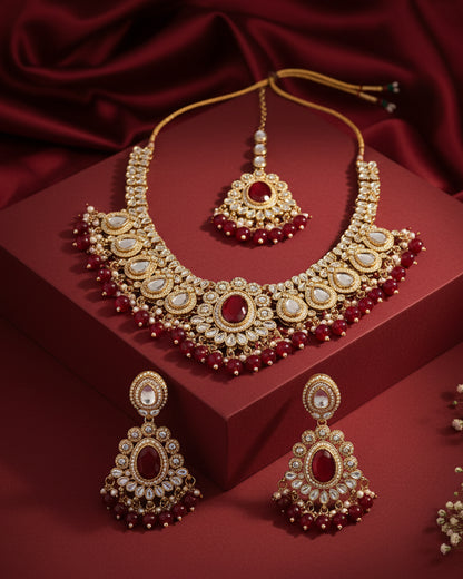 Red Kavisha Premium Polki Dupe Necklace Set with Earring and Teeka