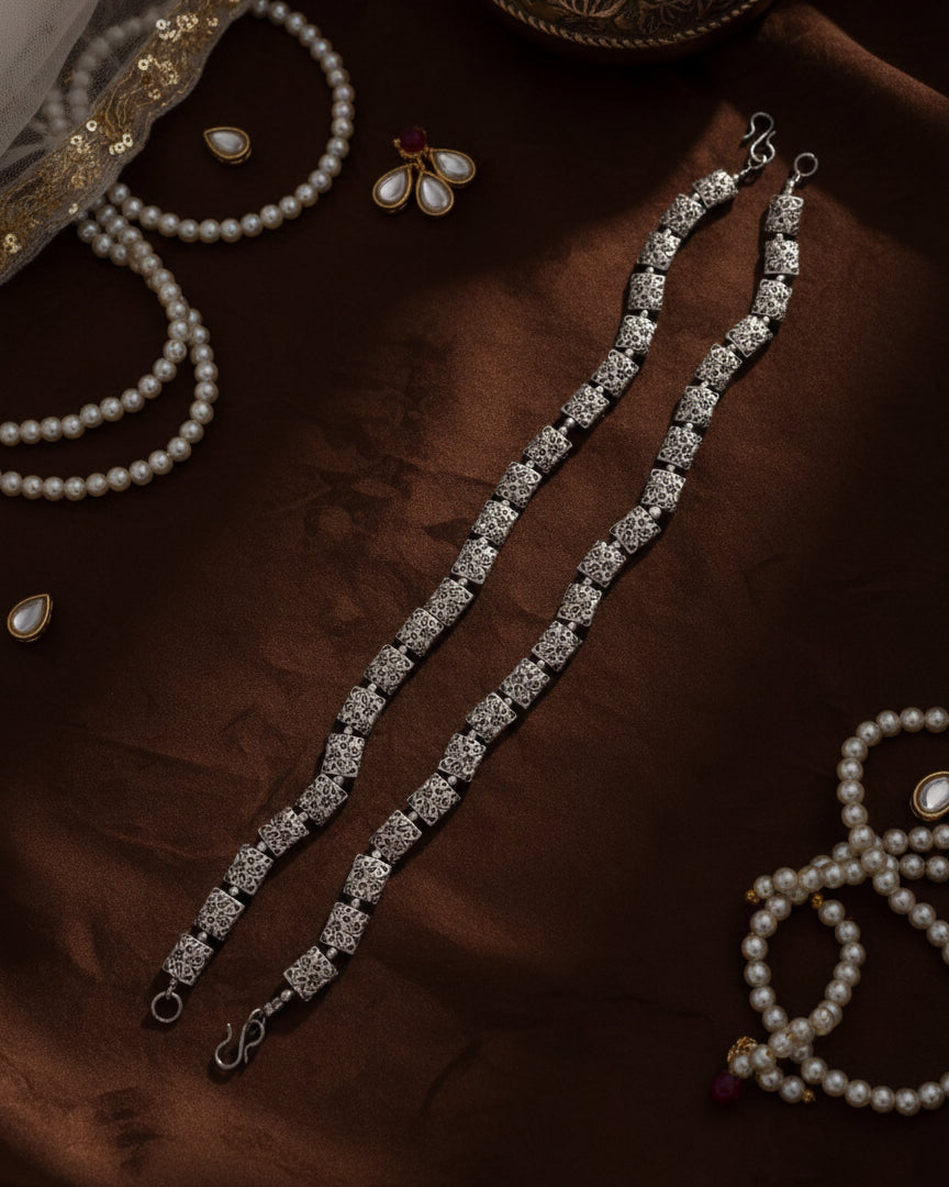 Silver Yash Oxidised Anklet - 2 Pair