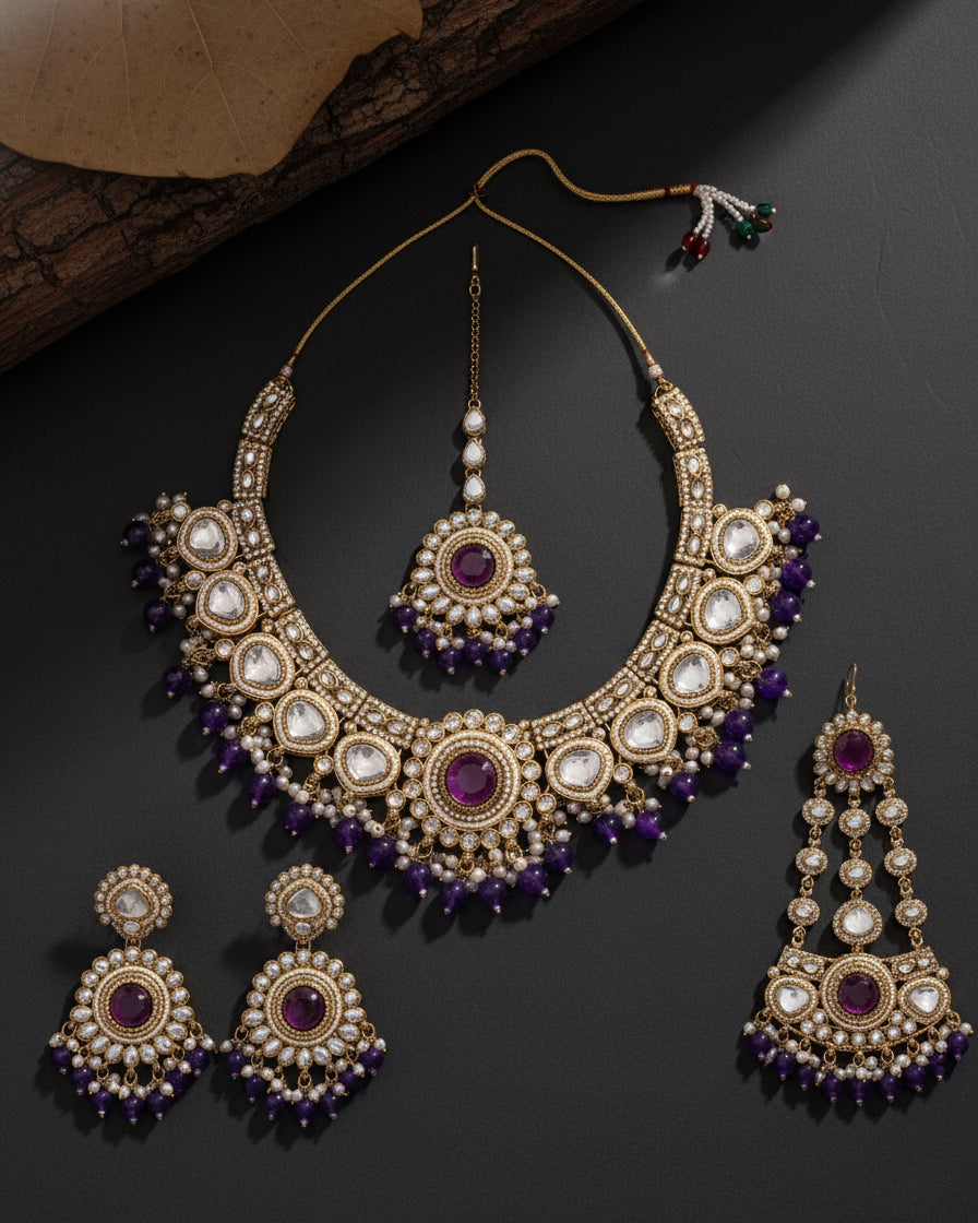 Purple Laviza Premium Polki Dupe Necklace Earring with Teeka and Side Jhumar/Passa