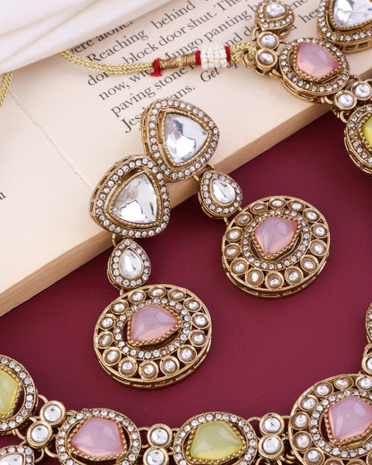 Pastel Kavita Premium Polki Dupe Necklace with Earring and Teeka