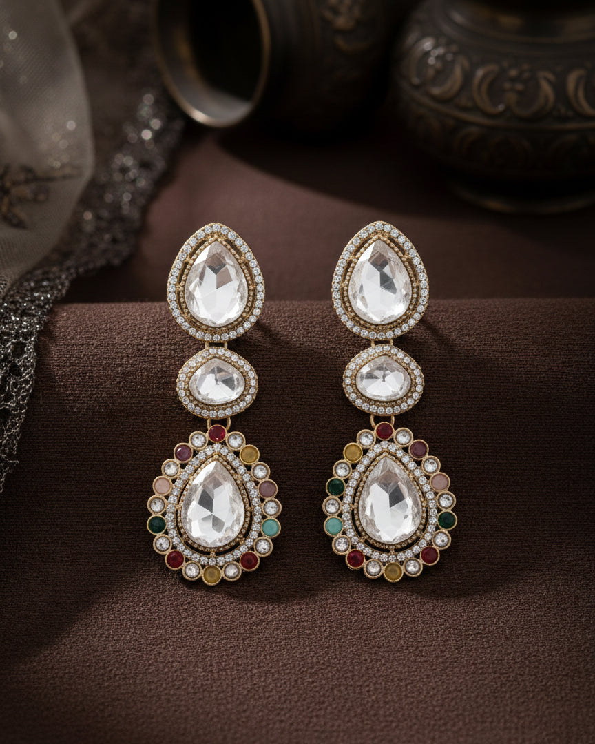 Multi Silver Amani Premium Designer Zircone Polki Dupe Earring