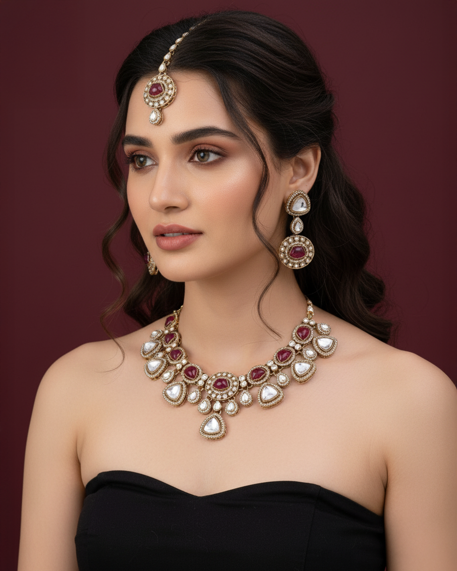 Onion Kavita Premium Polki Dupe Necklace with Earring and Teeka