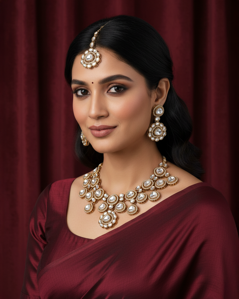 Meghana Premium Polki Dupe Necklace with Earring and Teeka
