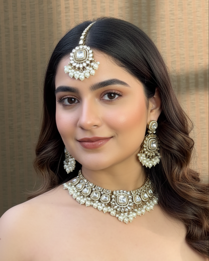 Jasraj Premium Zircone Polki Dupe Pearl Necklace with Earring and Teeka