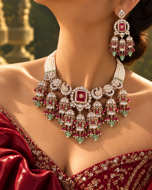 Ruby Mint Ruhisha Premium Sabya Inspired Monalisa Necklace Set with Earring & Teeka