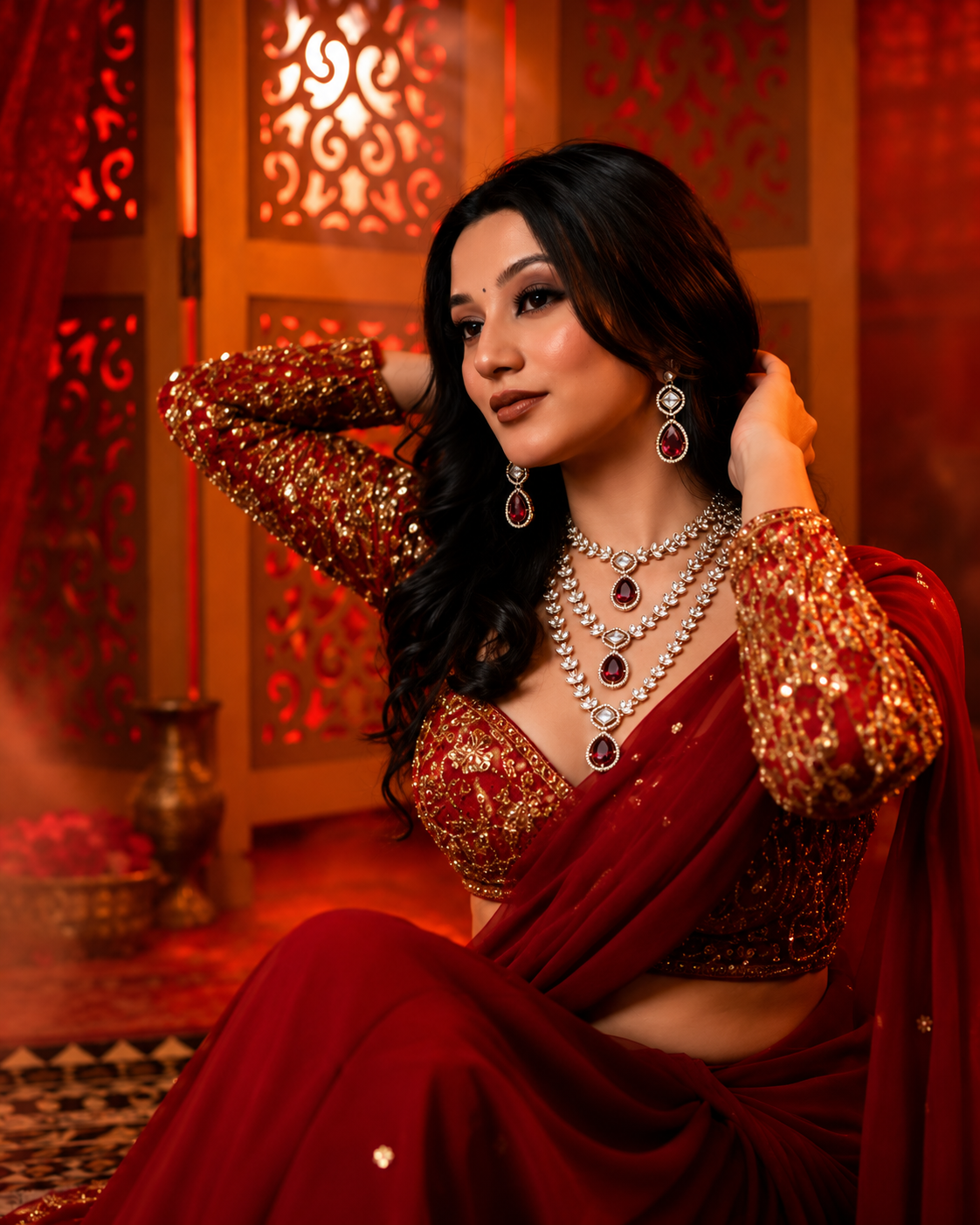 Maroon Nairika Layered Kundan Necklace with Earrings