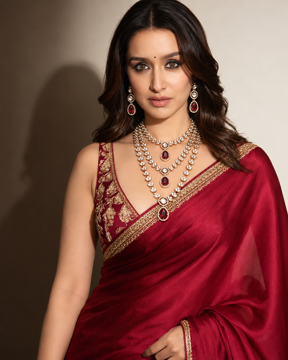 Maroon Nairika Layered Kundan Necklace with Earrings