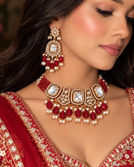 Red Vrishtika Premium Polki Dupe Choker Necklace With Earring & Teeka