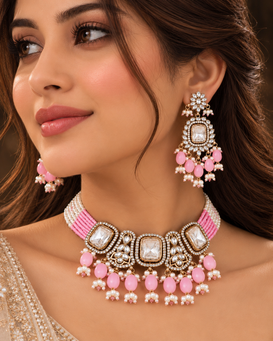 Blush Vrishtika Premium Polki Dupe Choker Necklace With Earring & Teeka