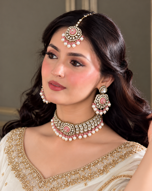 Blush Saadika Premium Sabya Inspired Monalisa Necklace Set with Earring & Teeka