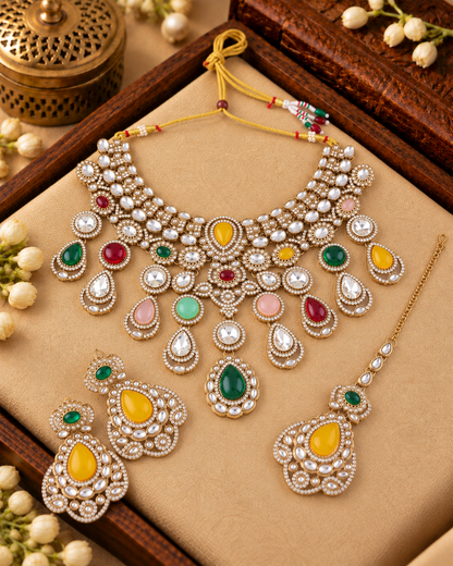 Multi Nimishu Premium Polki Dupe Necklace Set with Earring & Mangteeka
