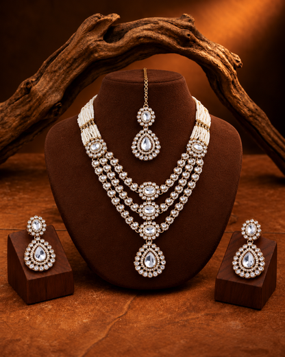 Silver Aavanya Layered Kundan Necklace with Earrings & Teeka