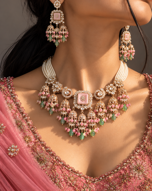 Blush Pastel Ruhisha Premium Sabya Inspired Monalisa Necklace Set with Earring & Teeka