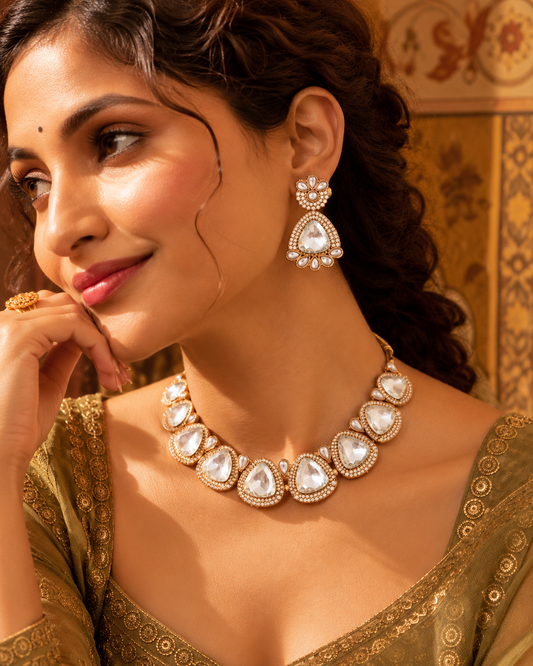 White Mihansika Premium Polki Dupe Necklace Set With Earring & Teeka