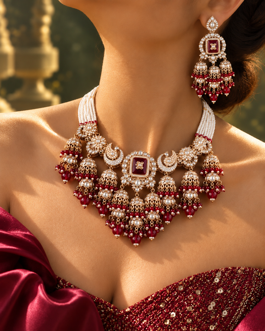 Maroon Ruhisha Premium Sabya Inspired Monalisa Necklace Set with Earring & Teeka