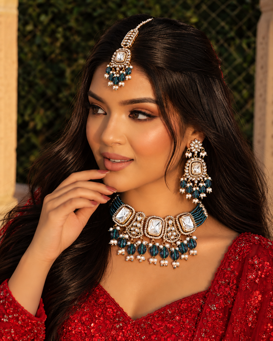 Teal Blue Vrishtika Premium Polki Dupe Choker Necklace With Earring & Teeka