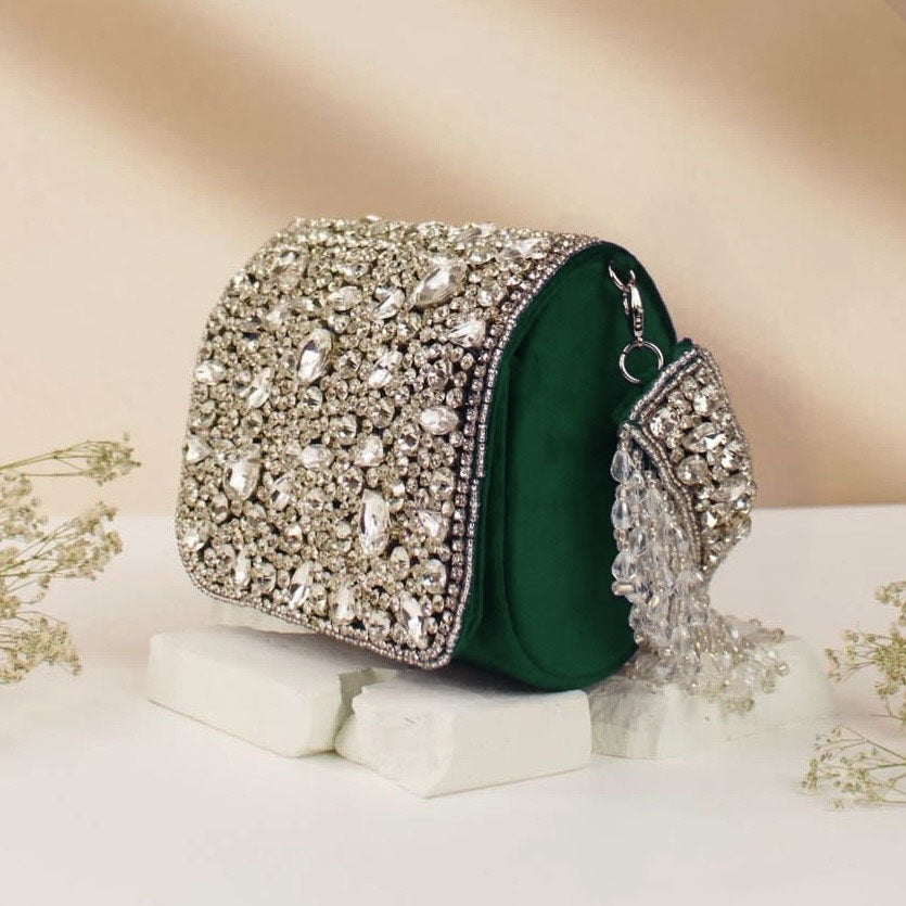 Green Maria Rhinestone Flap Clutch