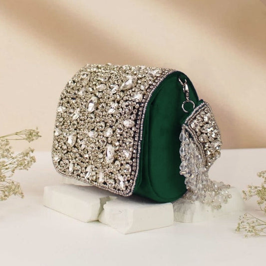 Green Maria Rhinestone Flap Clutch