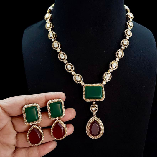 Green Red Akshay Necklace Premium Monalisa and Polki Stone Detailed