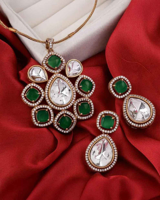 Green Samreen Polki Necklace Set with Earring