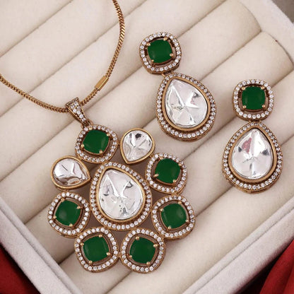 Green Samreen Polki Necklace Set with Earring