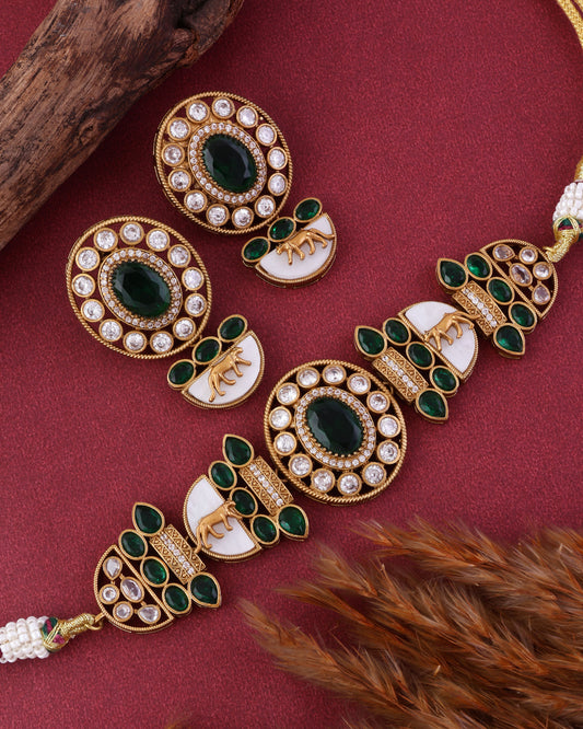 Emerald Aishani Premium Sabya Inspired Necklace with Earring
