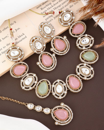 Pastel Hania Premium Polki Dupe Necklace with Earring and Mangteeka