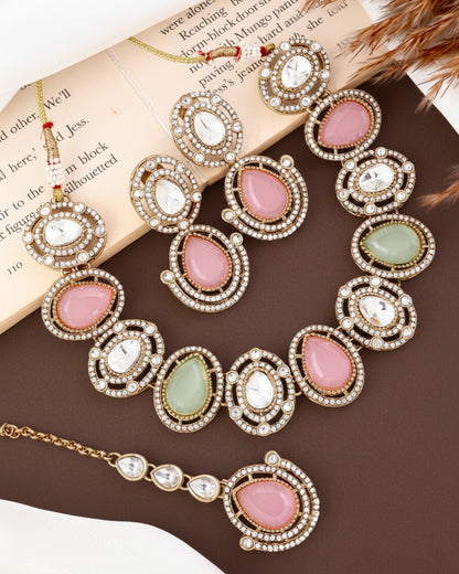 Pastel Hania Premium Polki Dupe Necklace with Earring and Mangteeka