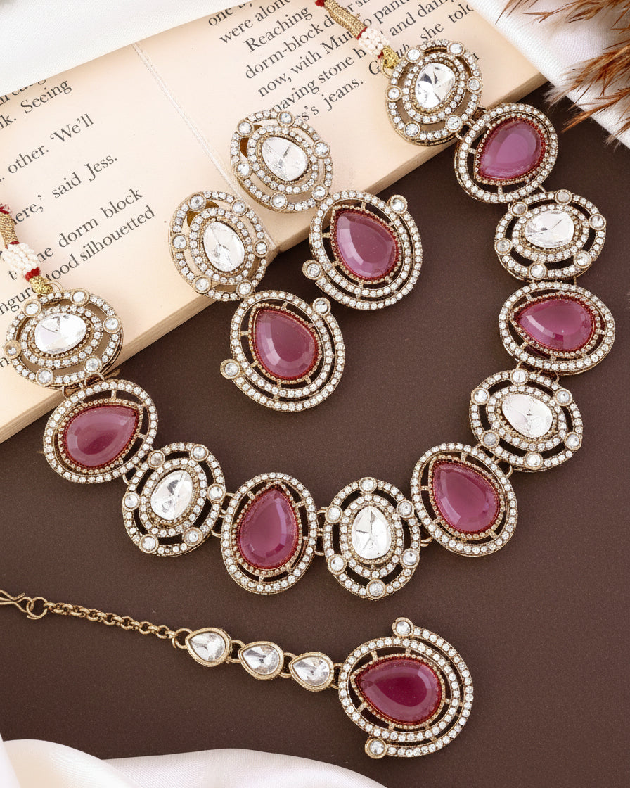 Pink Hania Premium Polki Dupe Necklace with Earring and Mangteeka