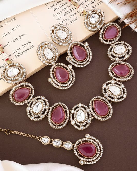 Pink Hania Premium Polki Dupe Necklace with Earring and Mangteeka