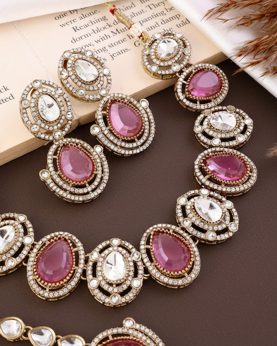 Pink Hania Premium Polki Dupe Necklace with Earring and Mangteeka