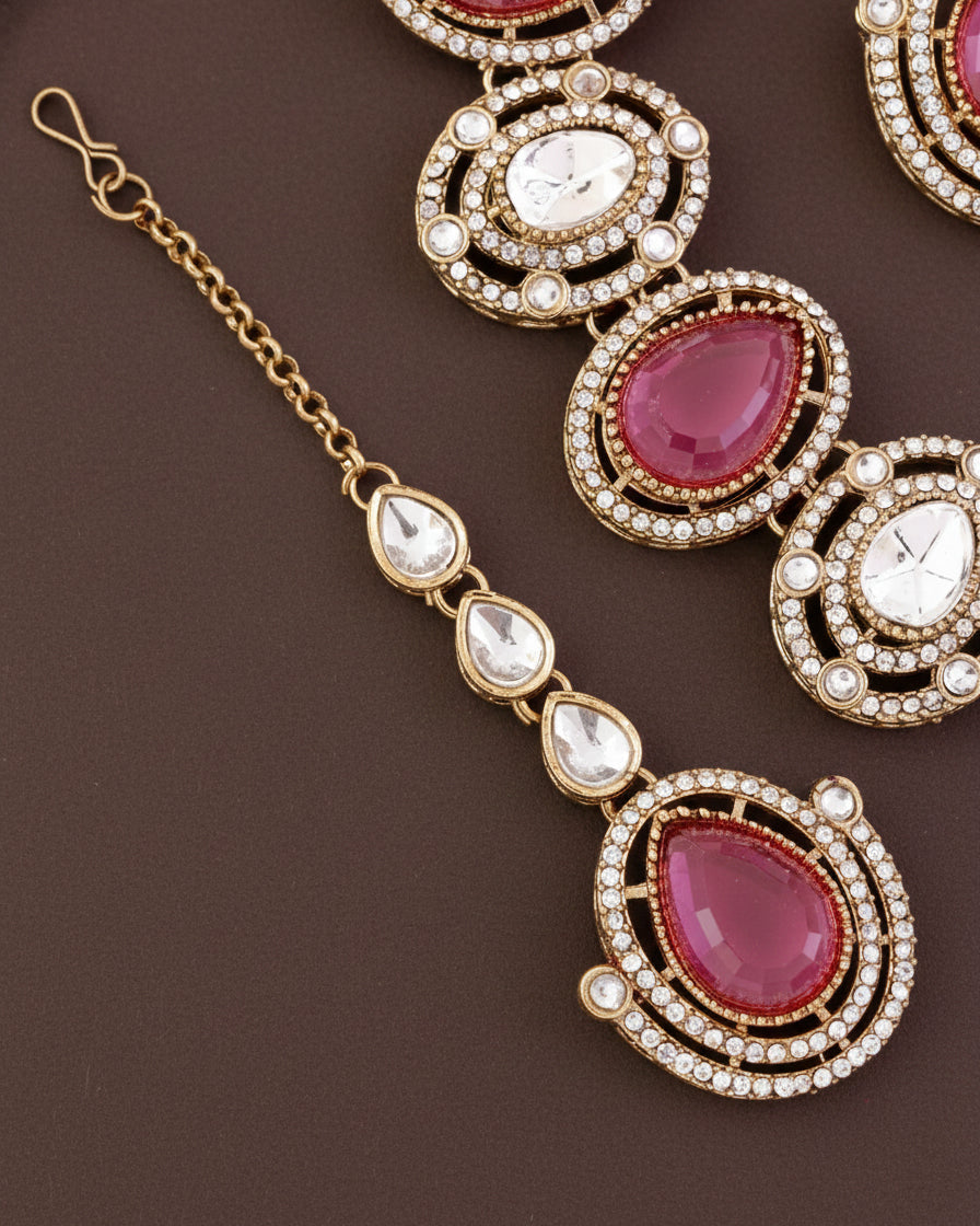 Pink Hania Premium Polki Dupe Necklace with Earring and Mangteeka