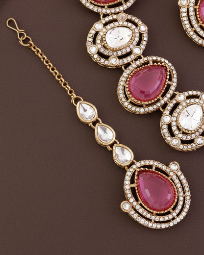 Pink Hania Premium Polki Dupe Necklace with Earring and Mangteeka