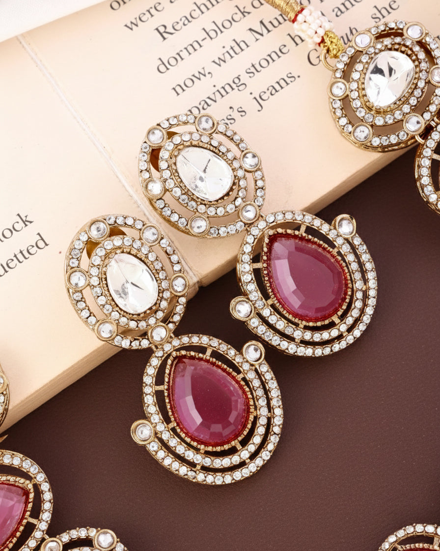 Pink Hania Premium Polki Dupe Necklace with Earring and Mangteeka