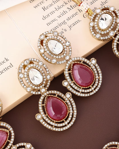 Pink Hania Premium Polki Dupe Necklace with Earring and Mangteeka