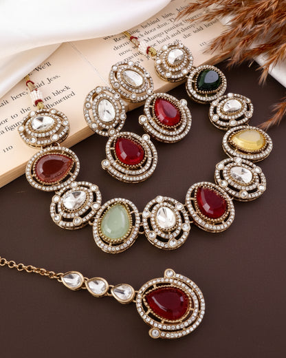 Multi Hania Premium Polki Dupe Necklace with Earring and Mangteeka