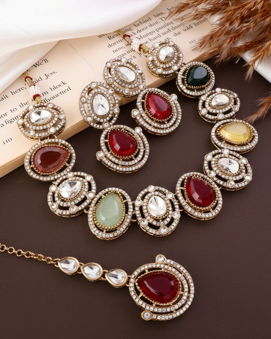 Multi Hania Premium Polki Dupe Necklace with Earring and Mangteeka