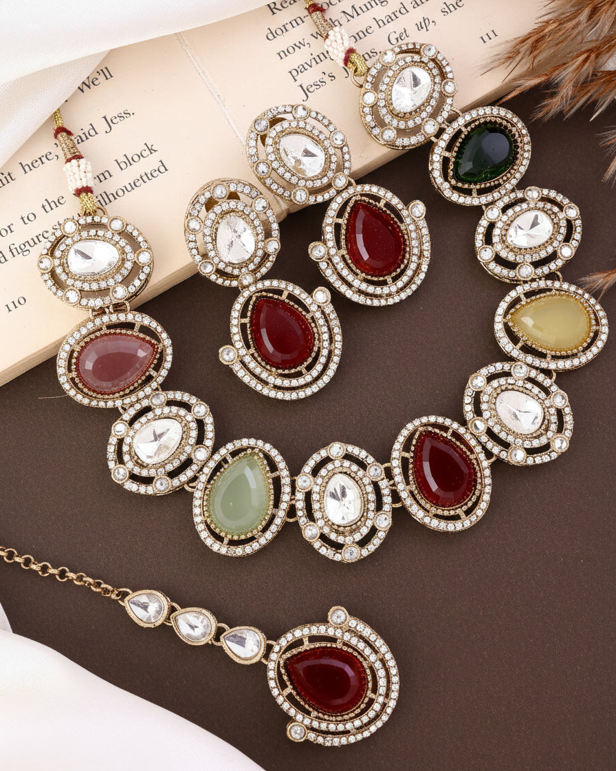 Multi Hania Premium Polki Dupe Necklace with Earring and Mangteeka