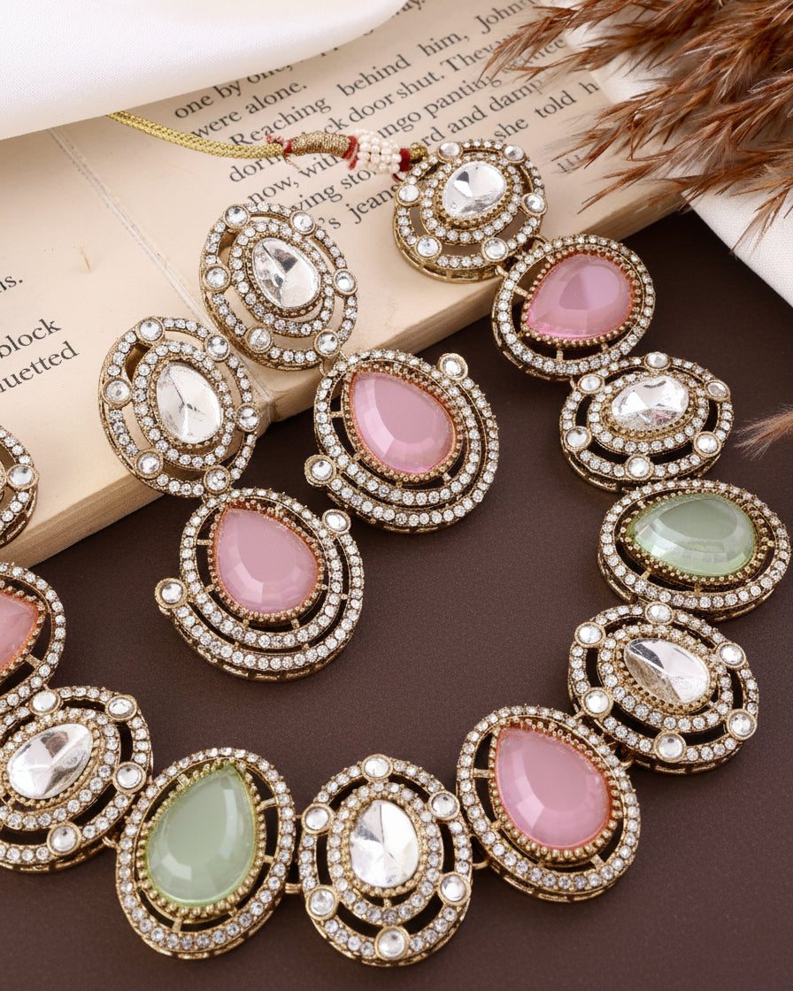 Pastel Hania Premium Polki Dupe Necklace with Earring and Mangteeka