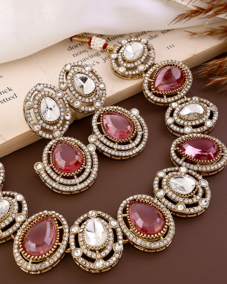 Onion Hania Premium Polki Dupe Necklace with Earring and Mangteeka