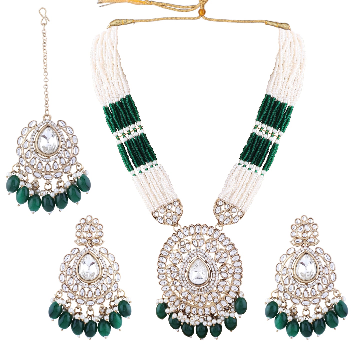 Green Harnoor Premium Long Necklace with Earring and Mangteeka